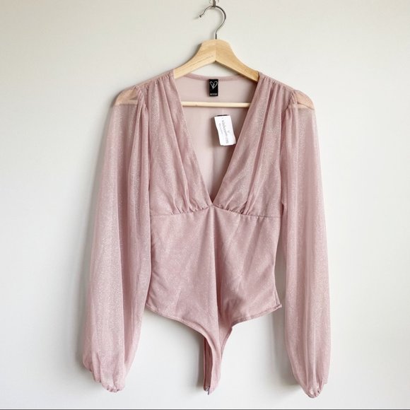 Windsor Pink Sparkle Sequin Bodysuit Puff Sleeve M - Picture 1 of 8